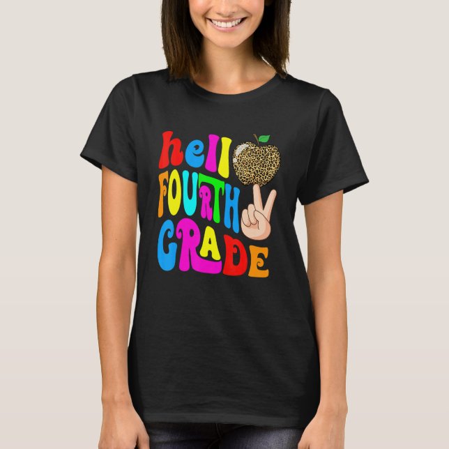 Leopard Apple Hello 4th Grade Teacher Kids Back To T-Shirt (Front)