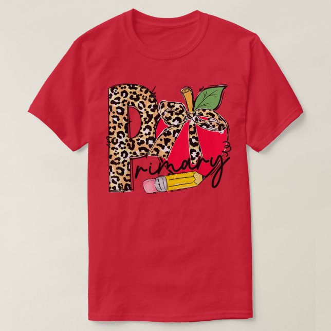 Leopard Apple Primary School Student Teacher Back  T-Shirt (Design Front)