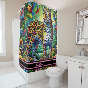 Leopard Aura: Tropical Birds Surrounding Shower Curtain