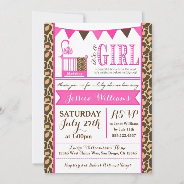 Leopard Baby Shower Invitation For Baby Girls (Front)