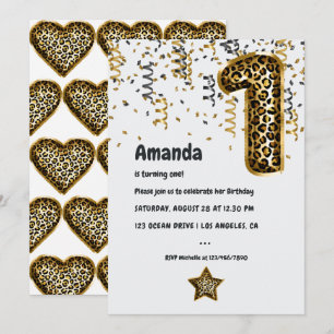 Leopard Balloon 1st Birthday Invitation