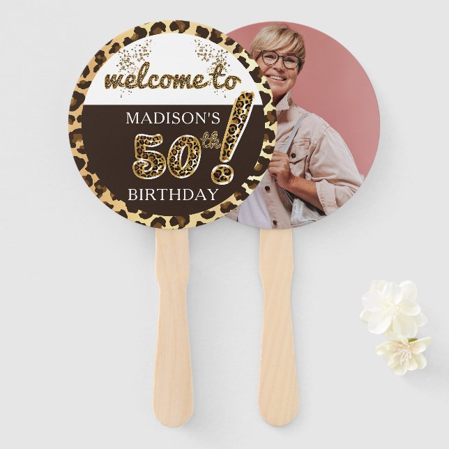 Leopard Balloon 50th Birthday Photo Personalised Hand Fan (Front and Back)