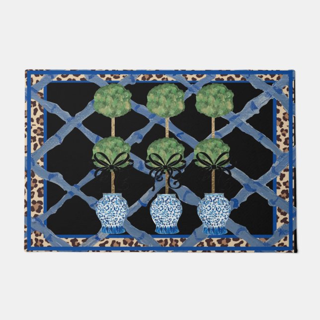Leopard Bamboo Chinoiserie Ginger Jar Doormat Rug  (Front)