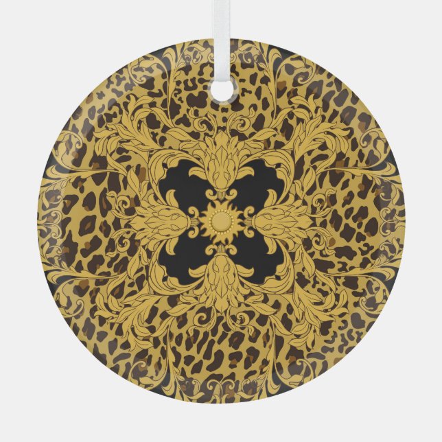 Leopard Baroque, Ornate Animal Print Glass Tree Decoration (Front)