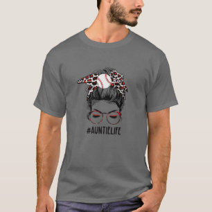 Leopard Baseball Auntie Life Messy Bun Game Day Mo T-Shirt
