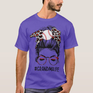 Leopard Baseball Grandma Life Messy Bun Game Day M T-Shirt