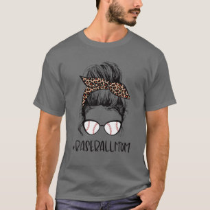 Leopard Baseball Mom Messy Bun Game Day Mothers Da T-Shirt