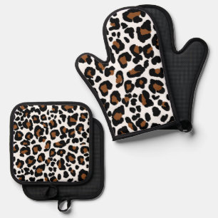 Leopard Big Cat Fur Pattern Print Oven Mitt & Pot Holder Set
