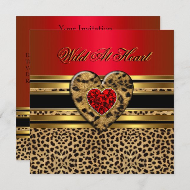 Leopard Birthday Wild At Heart Black Gold Red 2 Invitation (Front/Back)