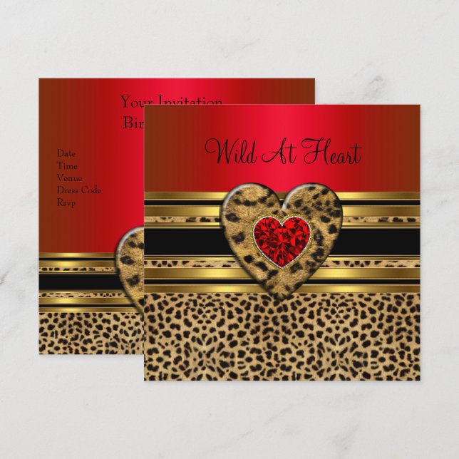 Leopard Birthday Wild At Heart Black Gold Red Invitation (Front/Back)
