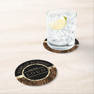 Leopard Black and Brown Logo Round Paper Coaster