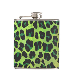 Leopard Black and Green Print Hip Flask