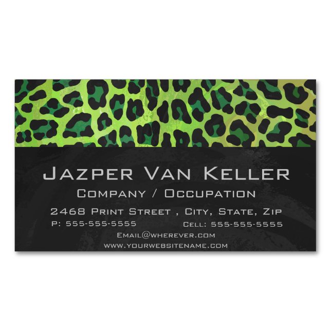 Leopard Black and Green Print Magnetic Business Card (Front)