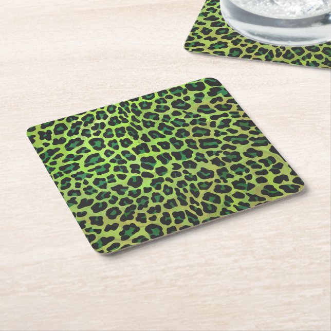 Leopard Black and Green Print Square Paper Coaster (Angled)