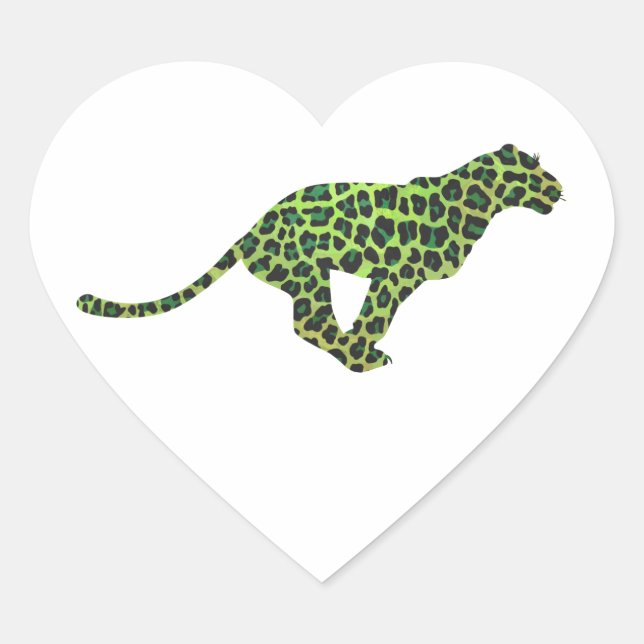 Leopard Black and Green Silhouette Heart Sticker (Front)