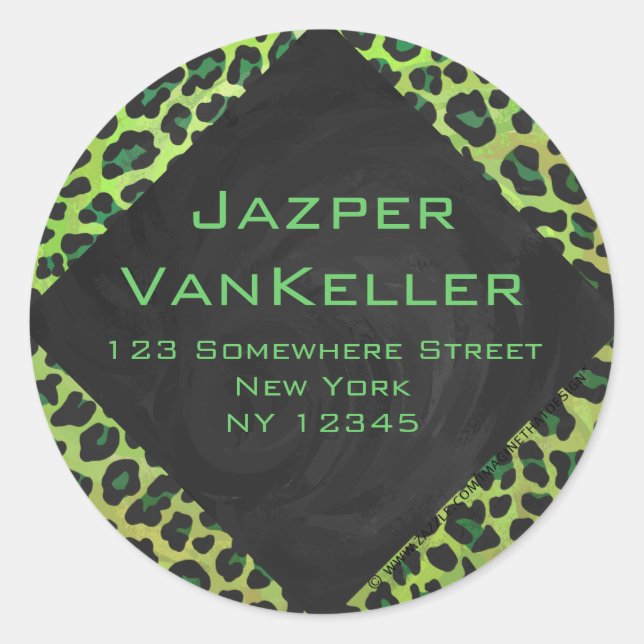 Leopard Black and Green with Monogram Classic Round Sticker (Front)
