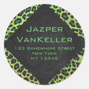 Leopard Black and Green with Monogram Classic Round Sticker