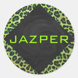 Leopard Black and Green with Monogram Classic Round Sticker