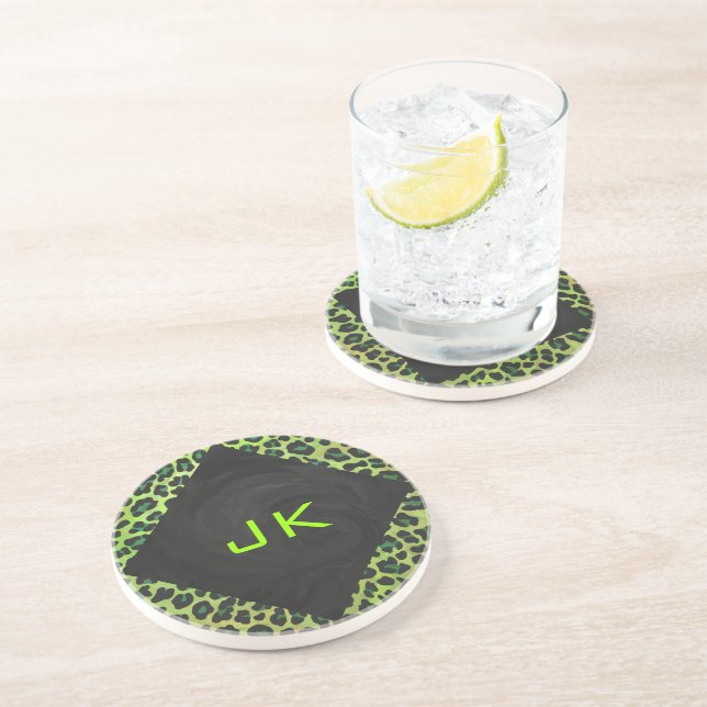 Leopard Black and Green with Monogram Coaster (Side)