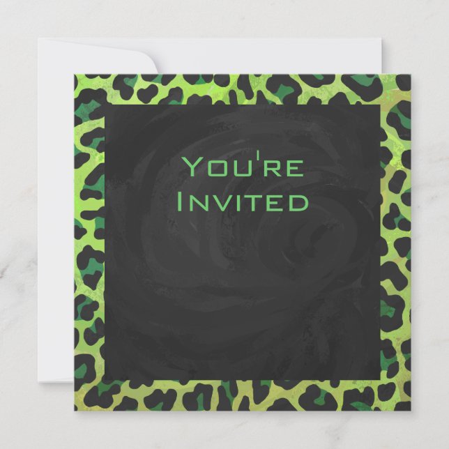 Leopard Black and Green with Monogram Invitation (Front)