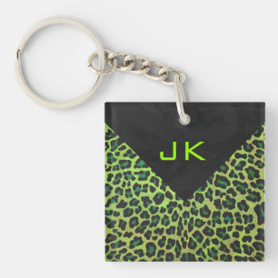 Leopard Black and Green with Monogram Key Ring