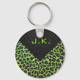 Leopard Black and Green with Monogram Key Ring