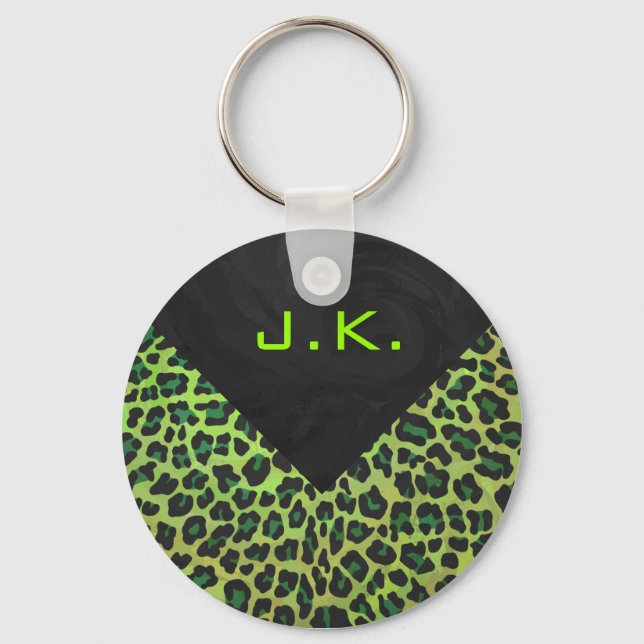 Leopard Black and Green with Monogram Key Ring (Front)