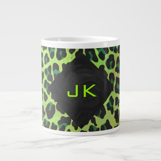 Leopard Black and Green with Monogram Large Coffee Mug (Front)