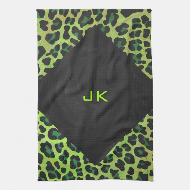 Leopard Black and Green with Monogram Tea Towel (Vertical)