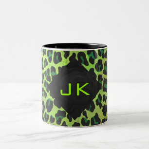 Leopard Black and Green with Monogram Two-Tone Coffee Mug