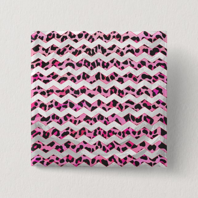 Leopard Black and Hot Pink Chevron Print 15 Cm Square Badge (Front)