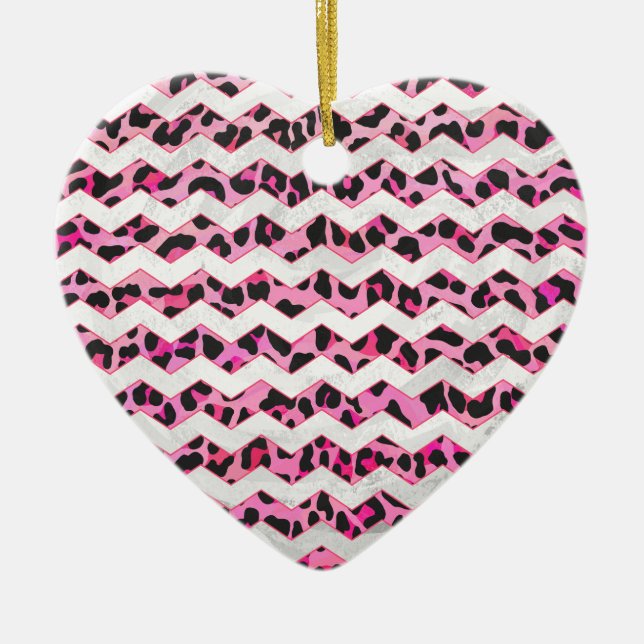 Leopard Black and Hot Pink Chevron Print Ceramic Tree Decoration (Front)