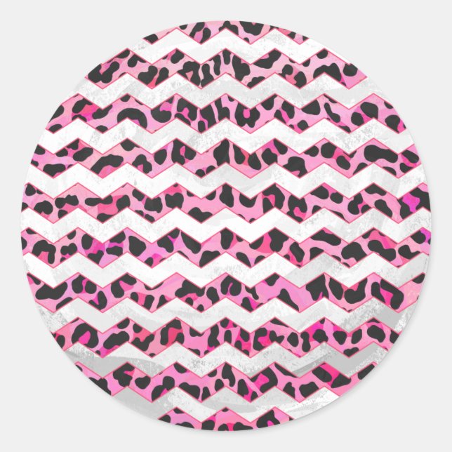 Leopard Black and Hot Pink Chevron Print Classic Round Sticker (Front)