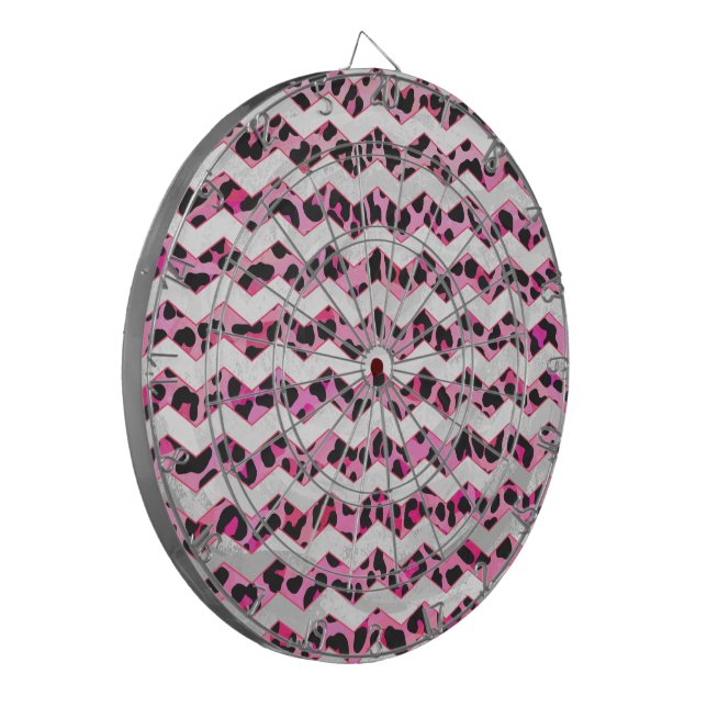 Leopard Black and Hot Pink Chevron Print Dartboard (Front Left)