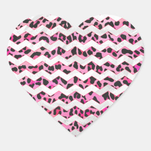 Leopard Black and Hot Pink Chevron Print Heart Sticker