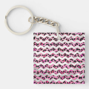 Leopard Black and Hot Pink Chevron Print Key Ring