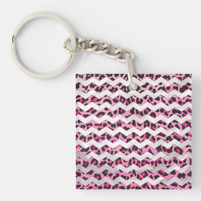 Leopard Black and Hot Pink Chevron Print Key Ring (Front)