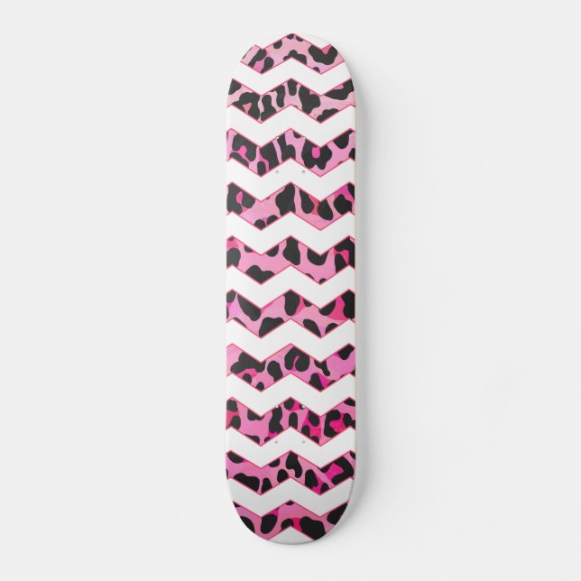 Leopard Black and Hot Pink Chevron Print Skateboard (Front)