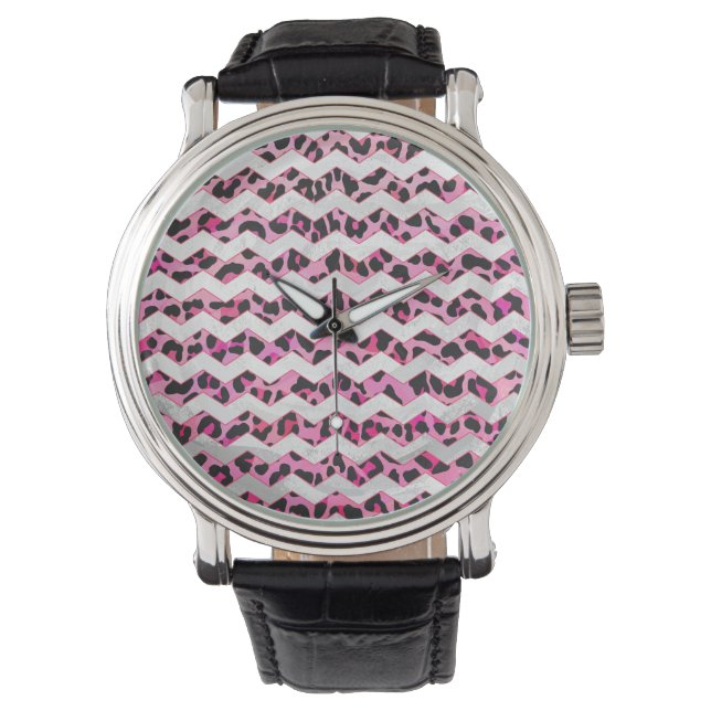 Leopard Black and Hot Pink Chevron Print Watch (Front)