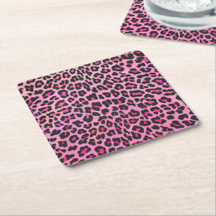 Leopard Black and Hot Pink Print Square Paper Coaster