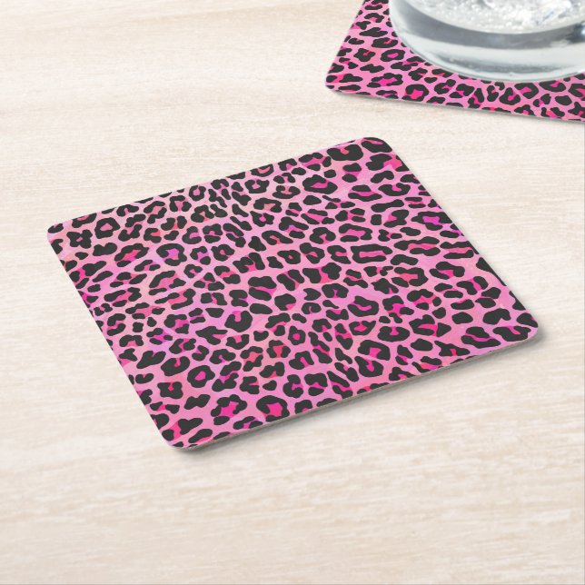 Leopard Black and Hot Pink Print Square Paper Coaster (Angled)
