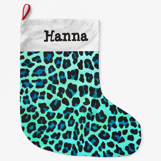 Leopard Black and Teal Large Christmas Stocking (Front)