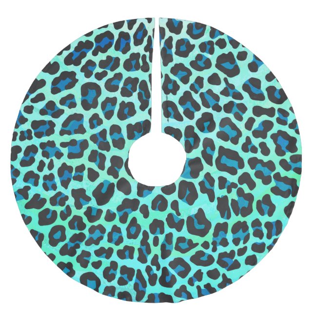 Leopard Black and Teal Print Brushed Polyester Tree Skirt (Front)