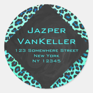 Leopard Black and Teal Print Classic Round Sticker