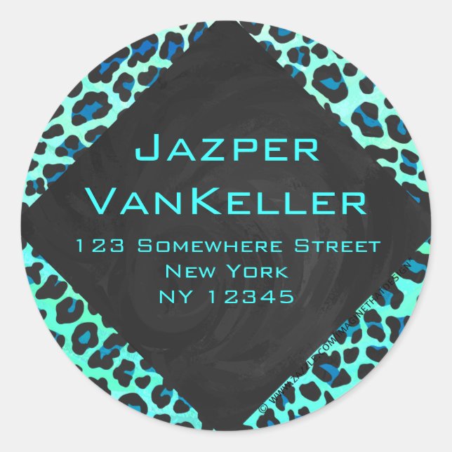 Leopard Black and Teal Print Classic Round Sticker (Front)