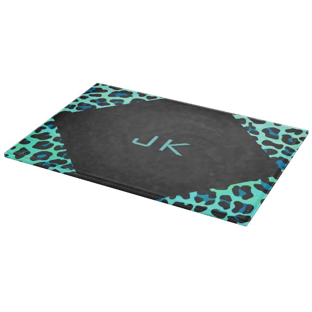 Leopard Black and Teal Print Cutting Board (Corner)