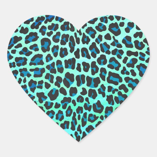 Leopard Black and Teal Print Heart Sticker (Front)