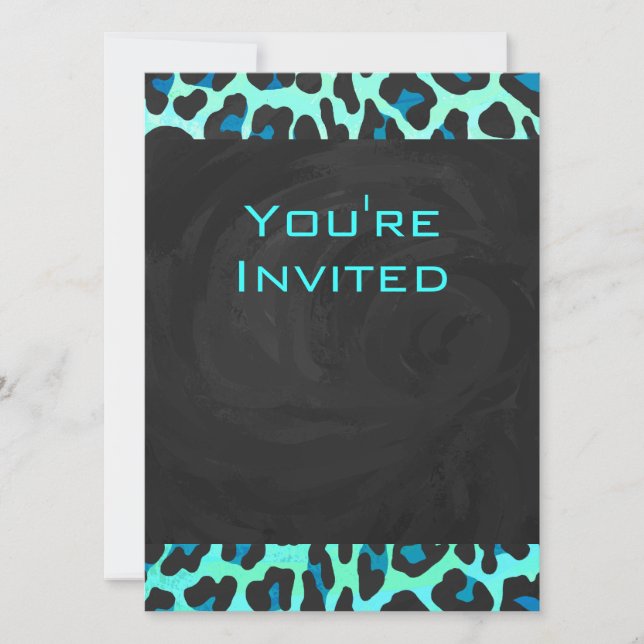 Leopard Black and Teal Print Invitation (Front)