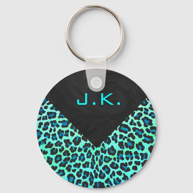 Leopard Black and Teal Print Key Ring (Front)