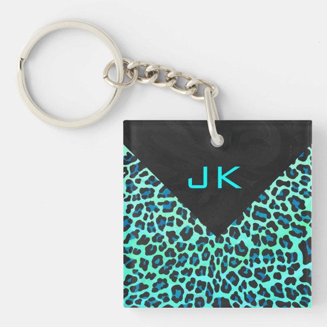 Leopard Black and Teal Print Key Ring (Front)